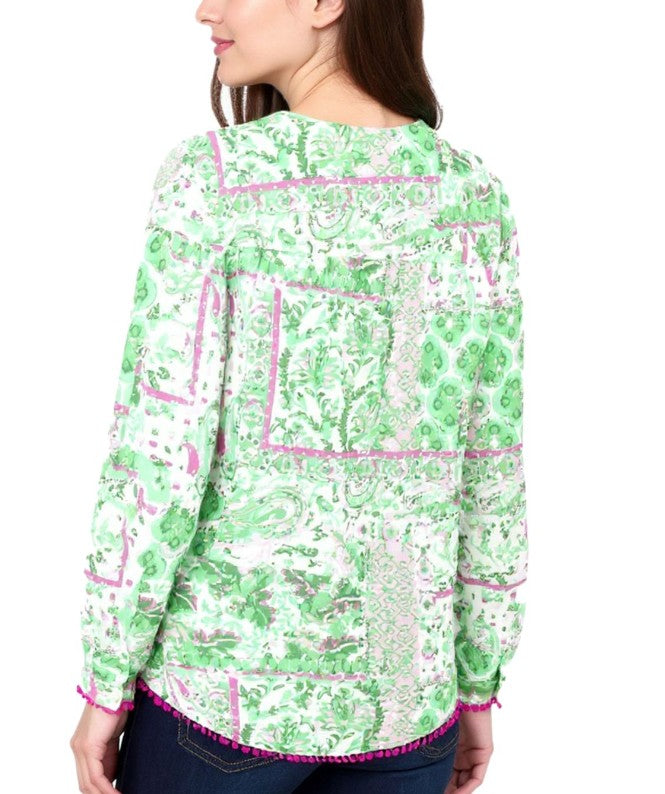 ZWILLINGSHERZ Baumwoll-Bluse Damen Sommer-Bluse Grün/Pink/Weiß
