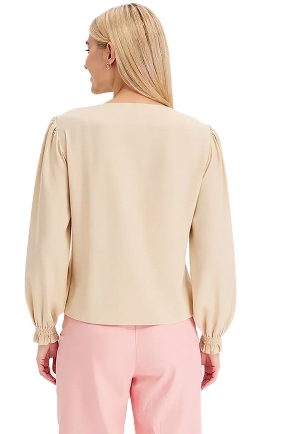 Women's Long-Sleeve V-Neck Satin Tunic Everyday Sweater Beige