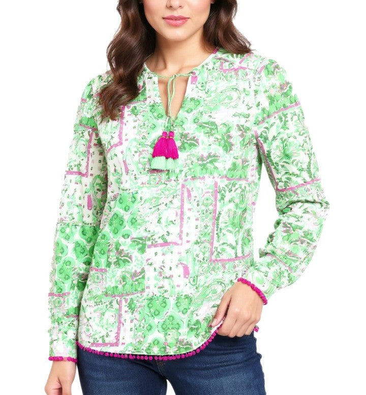 ZWILLINGSHERZ Cotton Blouse for Women - Summer Blouse with All-Over Paisley Pattern Green/Pink/White