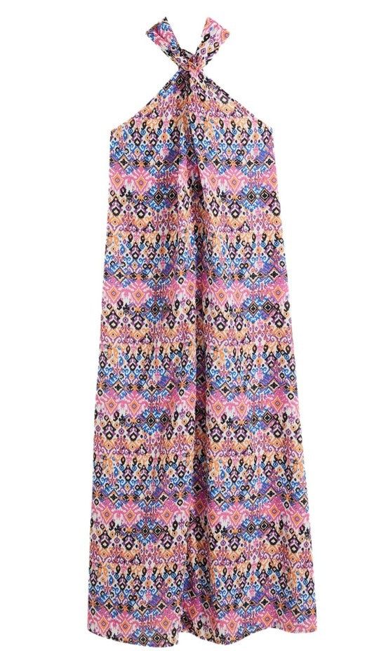 Women's Summer Halter Neck Dress with Colorful Allover Print Sleeveless Maxi Dress Pink/Orange/Black