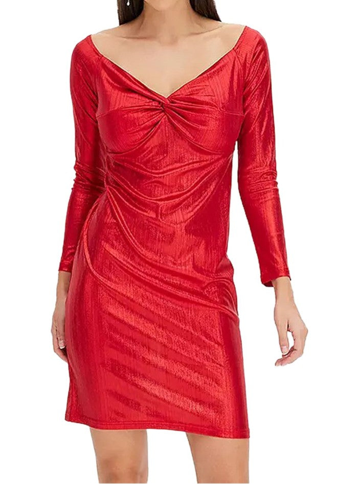 Elegant Women's Jersey Dress with Metallic Effect Evening Dress with Long Sleeves Red