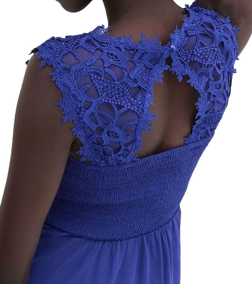 reamy women's evening dress with beautiful lace and crochet trim, mini dress - blue