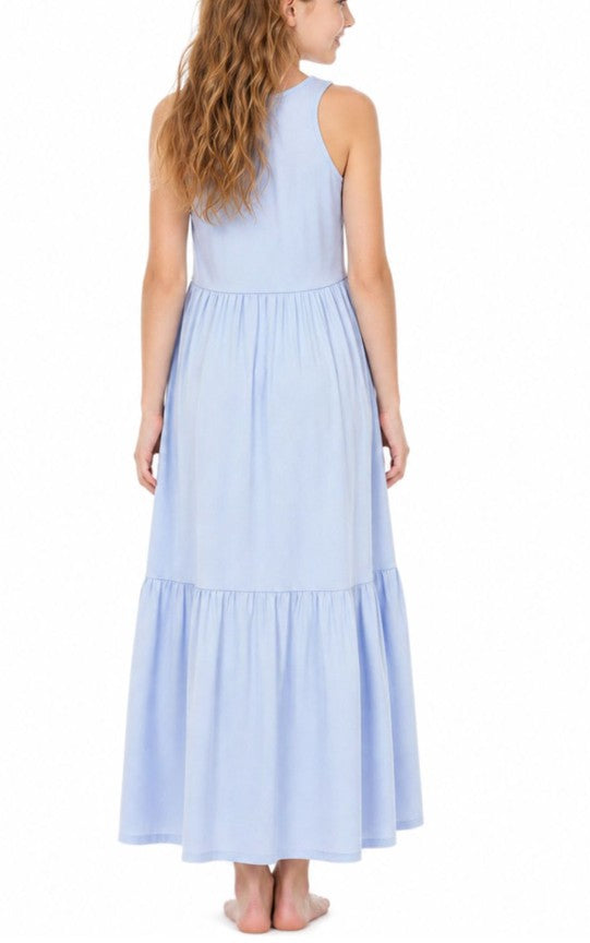 Children's Pure Organic Cotton Maxi Jersey Dress Going-Out Dress Sleeveless - Blue