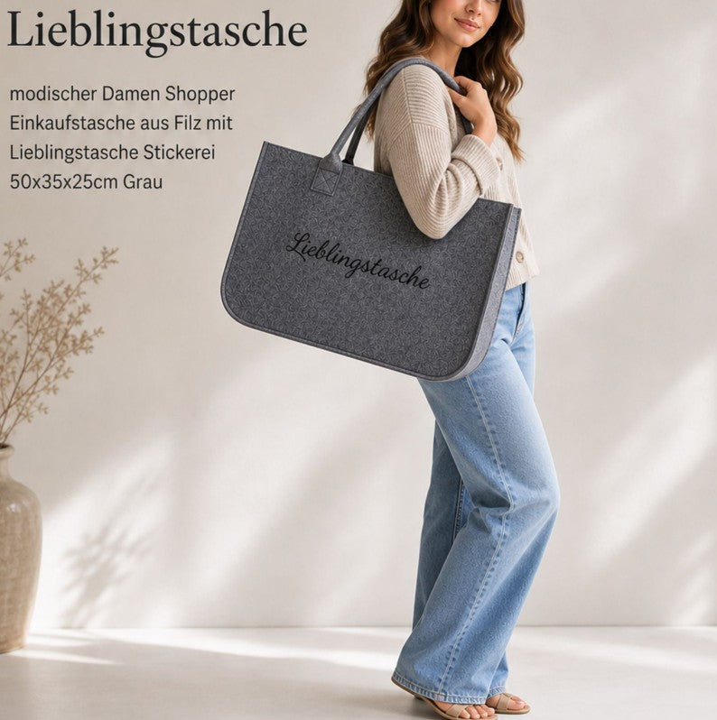 Lieblingstasche Filz-Tasche Damen stilvoller Shopper Einkaufstasche aus Filz mit Stickerei 50x35x25cm Grau