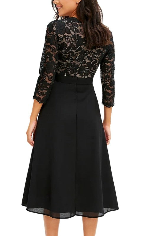 zeitloses Damen Abend-Kleid Chiffon-Kleid mit 3/4-Ärmeln Midi-Kleid-Schwarz&nbsp;
