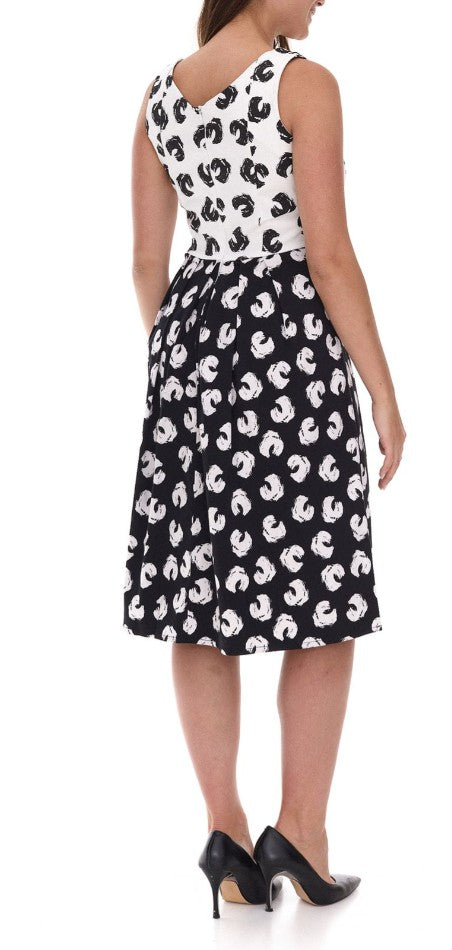 Damen Sommerkleid mit grafischem Druck, Baumwollkleid ohne Ärmel, Midikleid Weiß/Schwarz