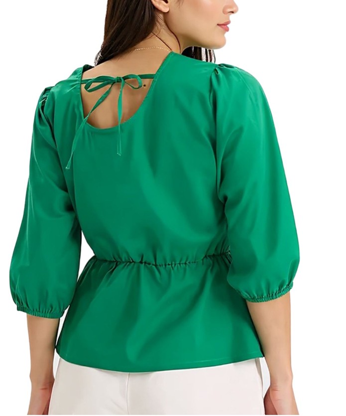 Women's Round Neck Blouse with 3/4 Sleeves and Elastic Waist, Cotton Blouse