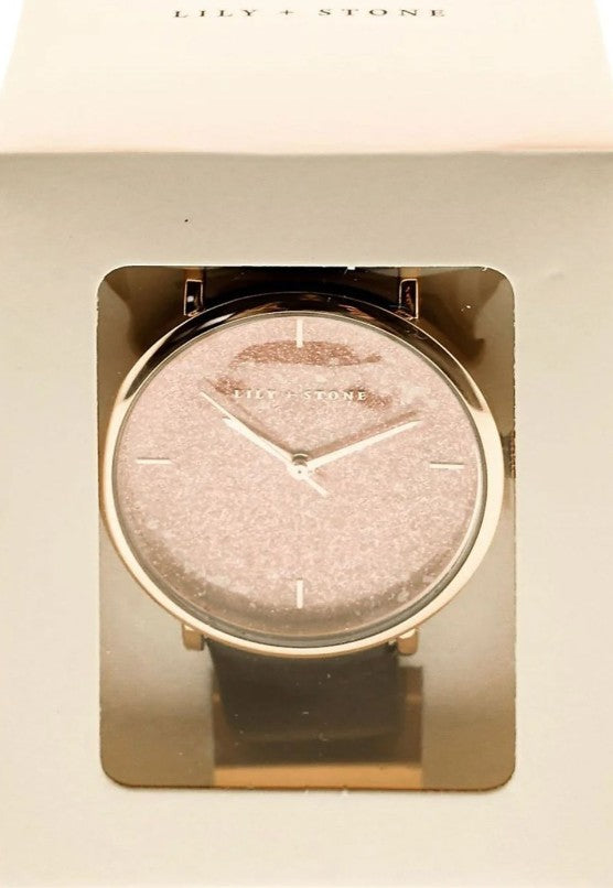 LILY + STONE Damen Armband-Uhr analoge Quarz-Uhr mit Leder-Armband 35 mm