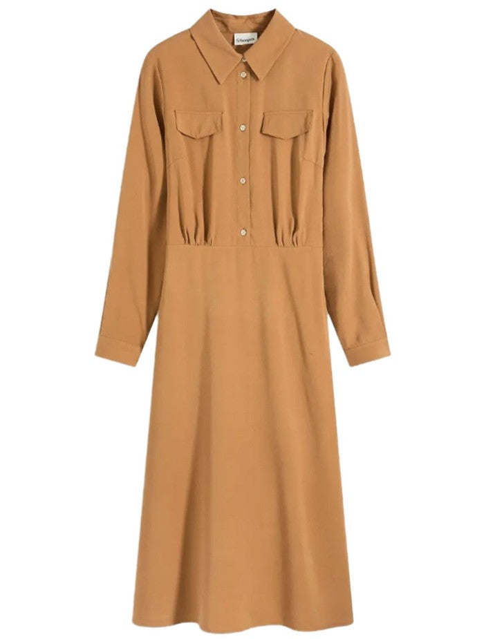 Klassisches Damen Hemdblusenkleid aus Viskose-Mix Maxi-Kleid -Braun