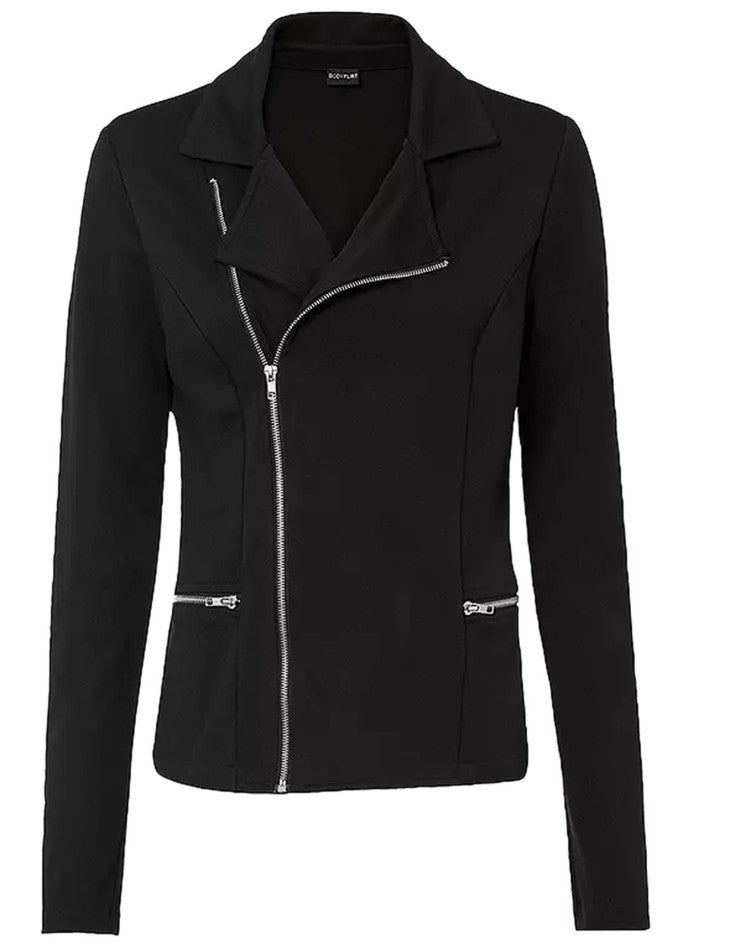 asymmetrical women's biker-style shirt jacket with zipper knit jacket black
