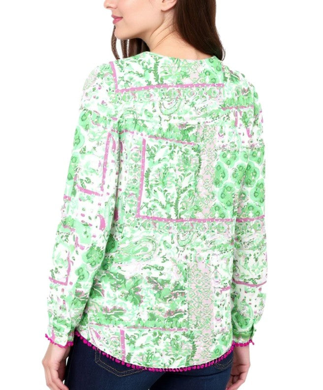 ZWILLINGSHERZ Cotton Blouse for Women - Summer Blouse with All-Over Paisley Pattern Green/Pink/White