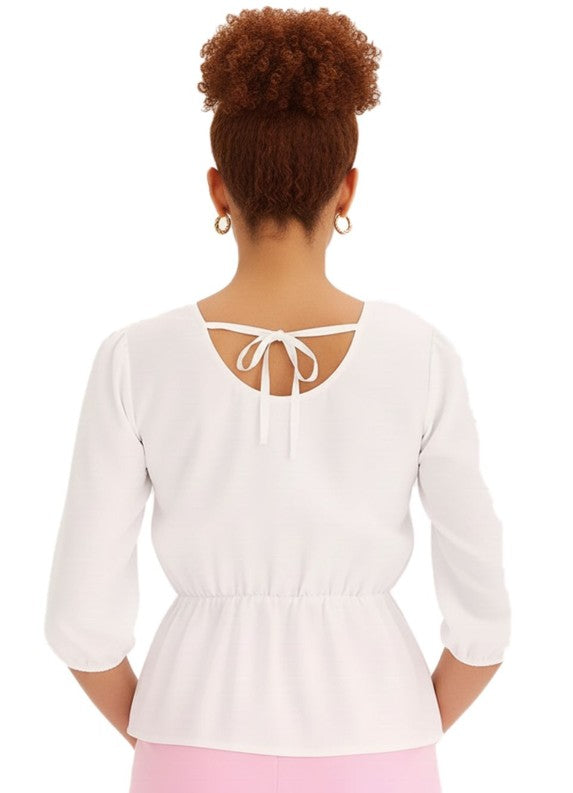 Women's Summer Blouse, Round Neck with 3/4 Sleeves and Peplum, Cotton Blouse White