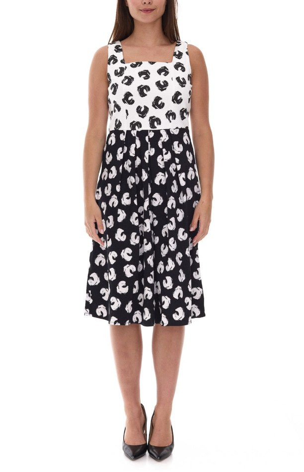 Damen Sommerkleid mit grafischem Druck, Baumwollkleid ohne Ärmel, Midikleid Weiß/Schwarz