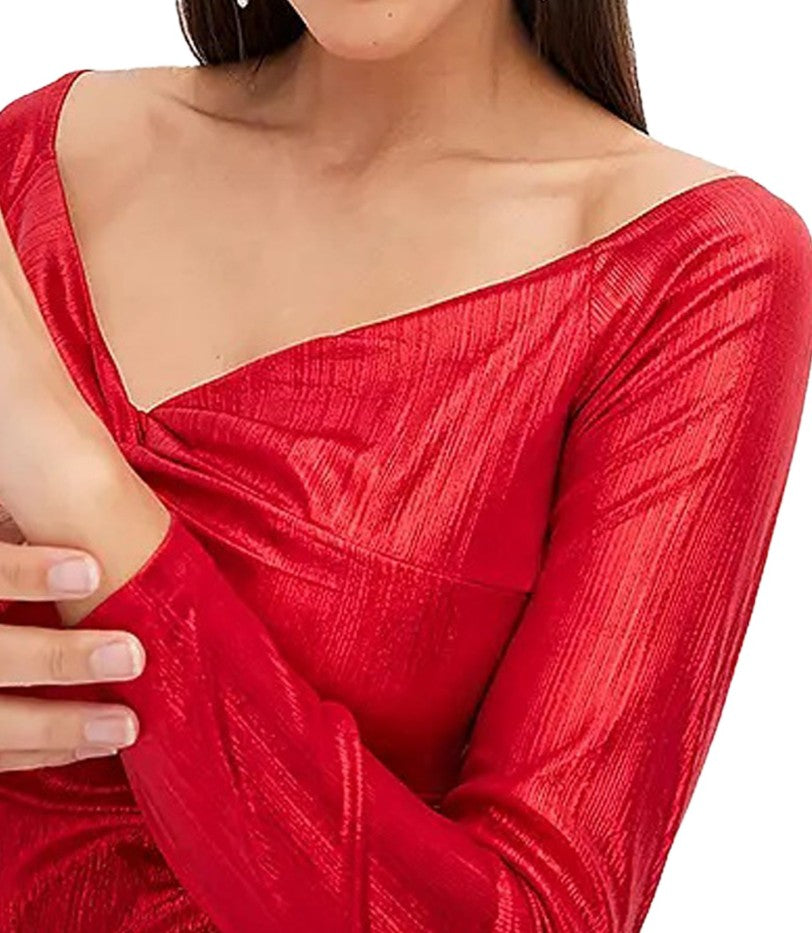 Elegant Women's Jersey Dress with Metallic Effect Evening Dress with Long Sleeves Red