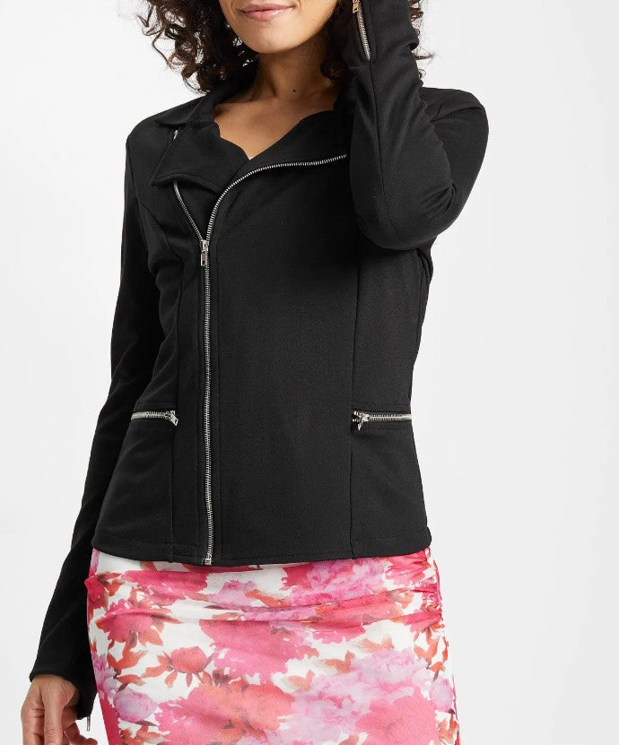 asymmetrical women's biker-style shirt jacket with zipper knit jacket black