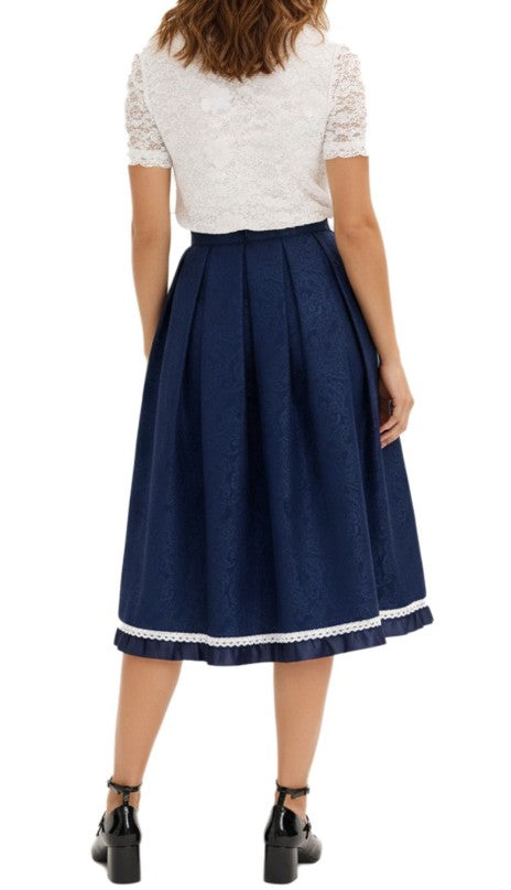 Fashionable women's dirndl skirt traditional skirt with paisley and lace-dark blue