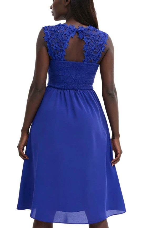 reamy women's evening dress with beautiful lace and crochet trim, mini dress - blue