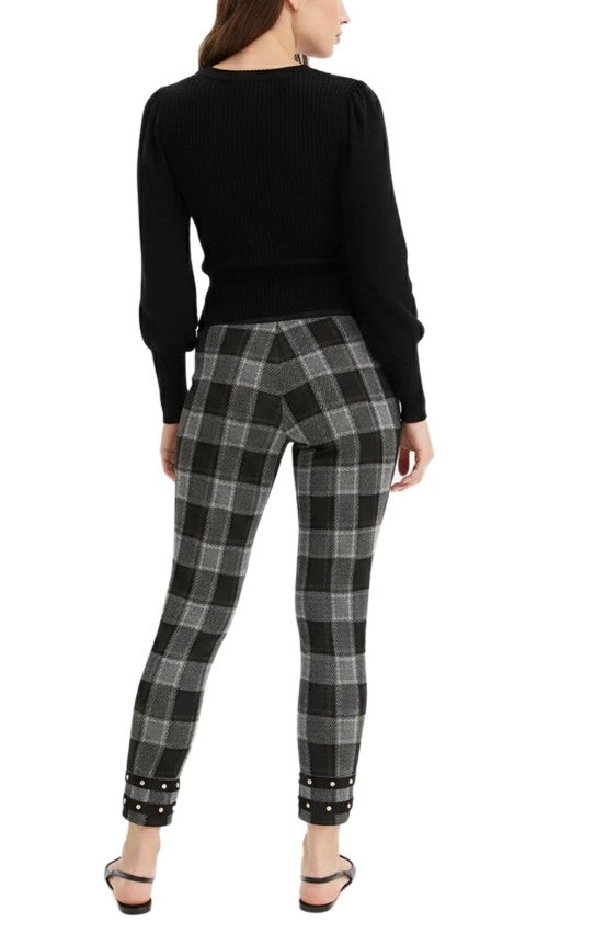weiche Damen Jeggings karierte Stiefel-Hose mit Nieten Skinny Fit Hose Grau/Schwarz/Gold/Braun