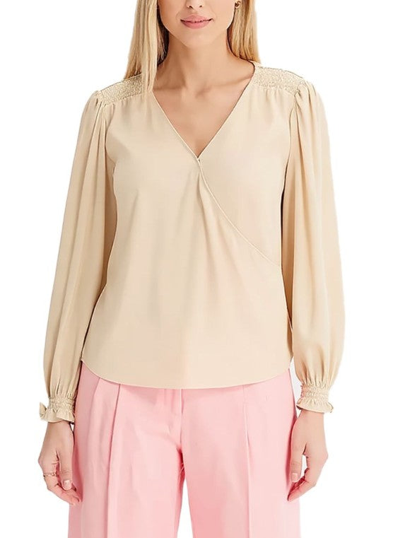 Women's Long-Sleeve V-Neck Satin Tunic Everyday Sweater Beige