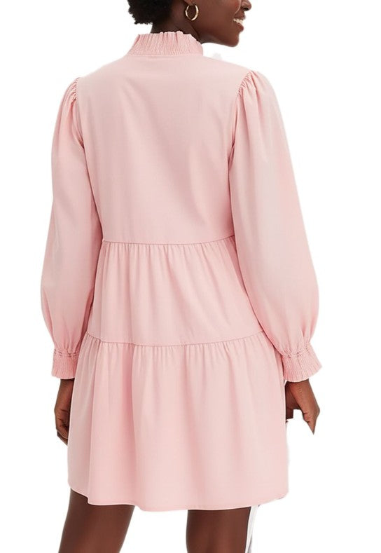 Flared ruffle dress with smocked neckline and sleeve hem, mini dress, cotton dres-Pink