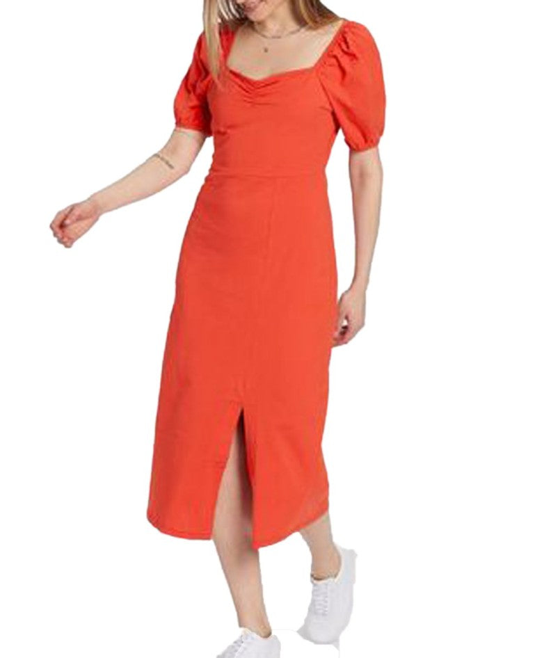 AJC Women's Midi Dress, Lightweight Cotton Dress with Puff Sleeves, Summer Dress, Red