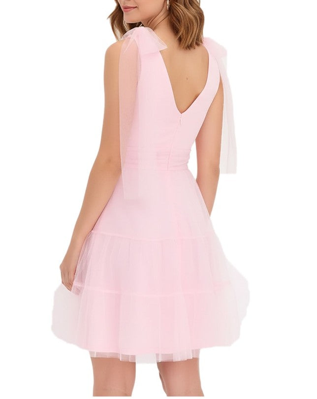 Stylish mini dress made of delicate tulle with bow details, mesh dress-pink