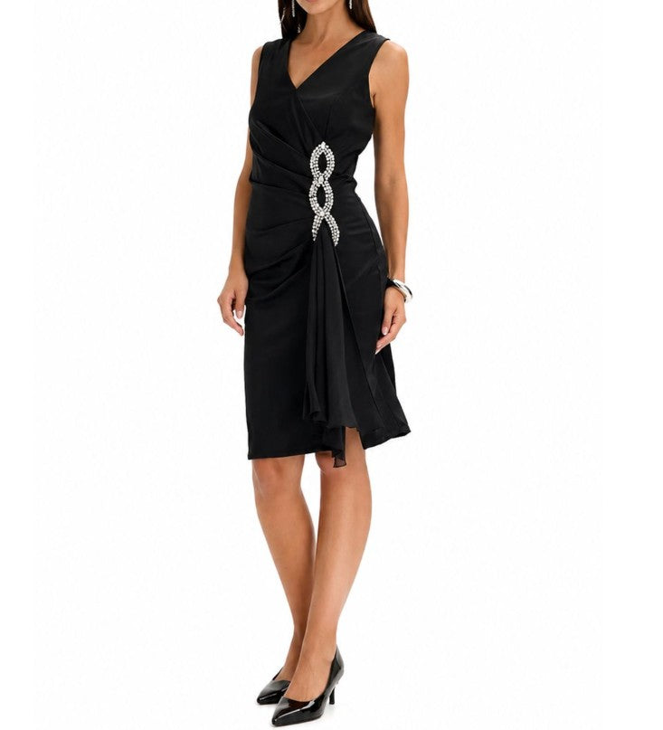 Schickes Damen Kleid mit Strasssteinen Abend-Kleid Cocktail-Kleid ärmellos - Schwarz
