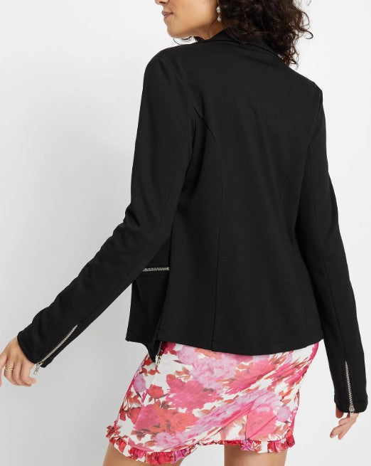 asymmetrische Damen Shirt-Jacke im Biker-Style mit Reißverschluss Strick-Jacke Schwarz